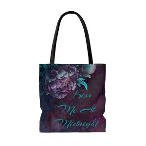Kiss Me At Midnight Peonies Tote Bag - Large Size with Teal Lettering