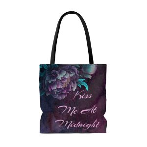 Kiss Me At Midnight Peonies Tote Bag - Large Size with Pink Lettering